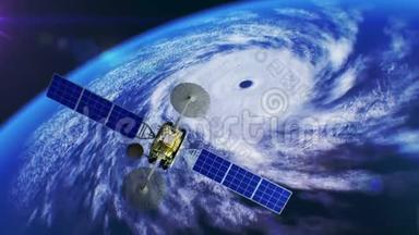 海洋气旋背景，虚构天气卫星飞过，三维动画。 所有的纹理都是在